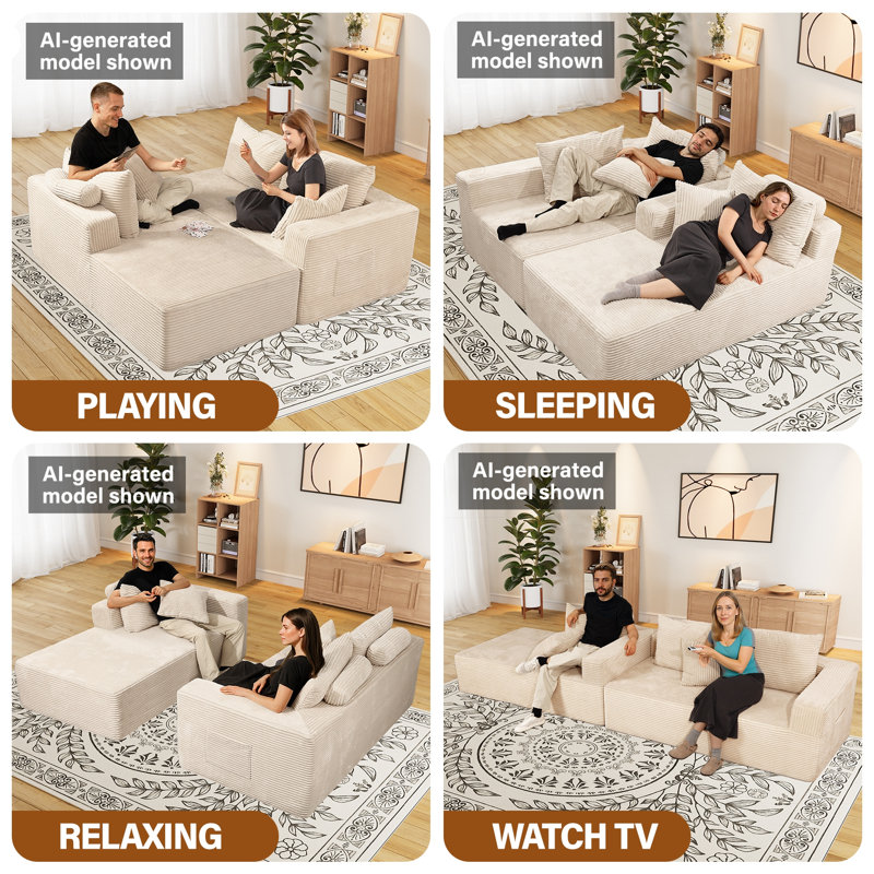 Canapé modulaire Boneless de 105 po avec méridienne en L et sans assemblage requis, Orienté à gauche (vu de face), Beige