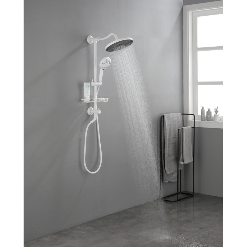 Showerspas Shower System, With 10" Rain Showerhead, 4Function Hand Shower, Adjustable Slide Bar And Soap Dish, White