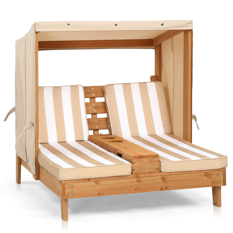 Kids Double Chaise Lounge with Canopy 2-Seater Sunbed with Cup Holder and Brown & White Striped Cushions, Brown