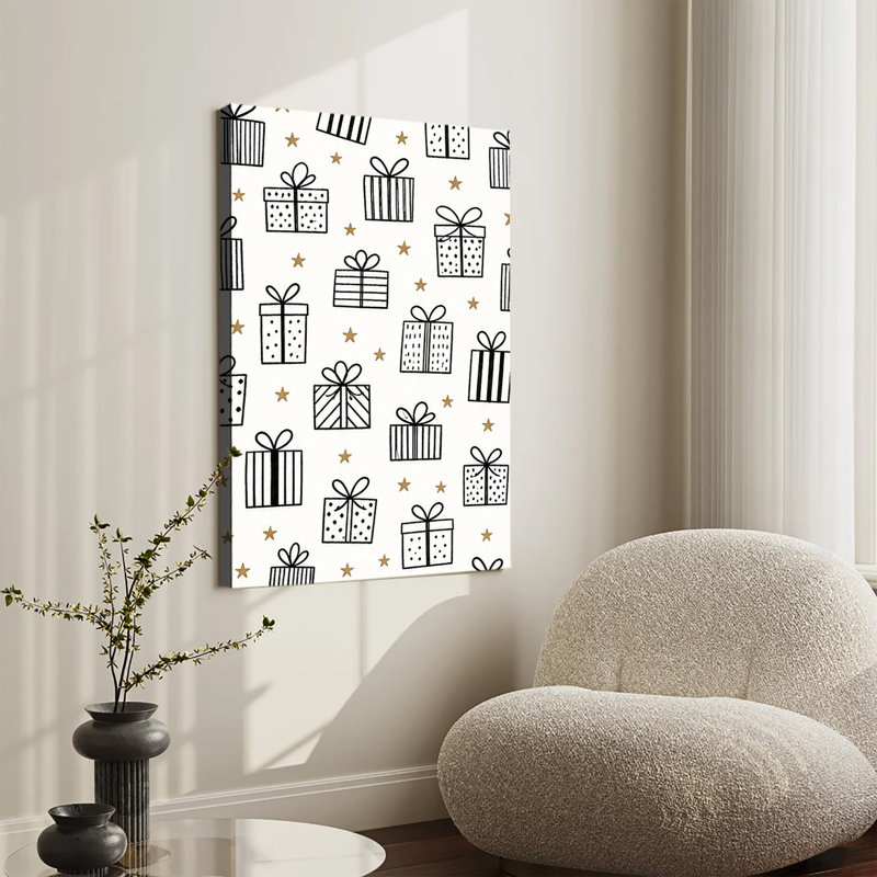 Motif de boîte-cadeau dessiné à la main avec des étoiles dorées sur fond crème, art minimaliste sur toile, 20x30in
