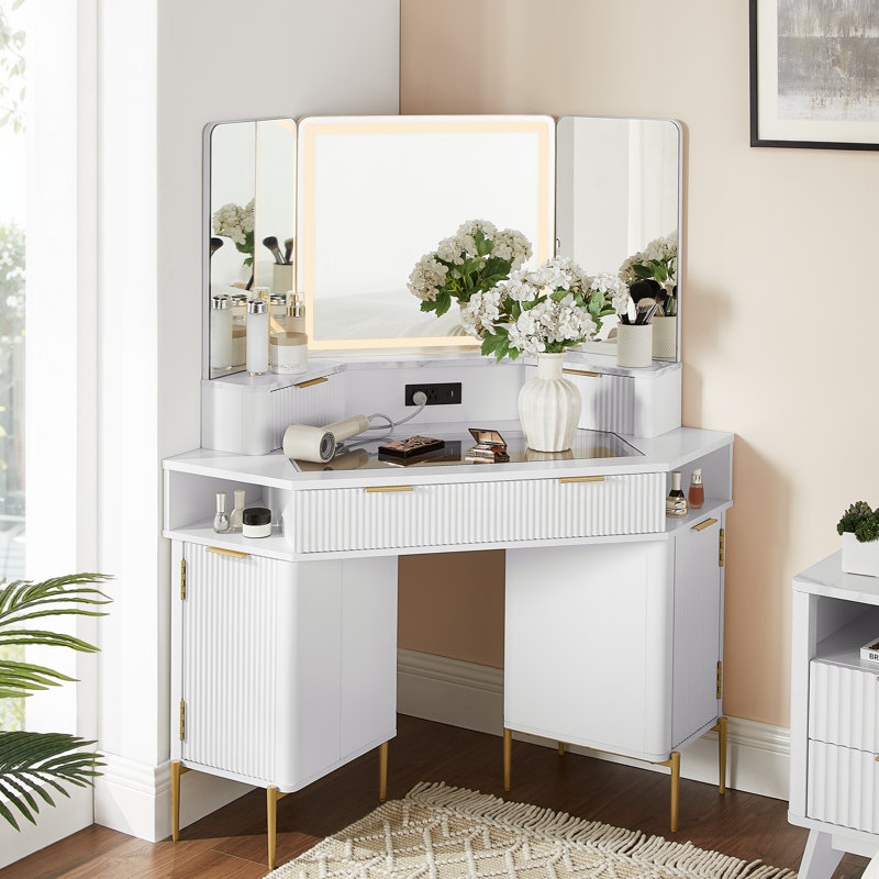 Meuble-lavabo de coin 48 po avec miroir à 3 DEL, Blanc
