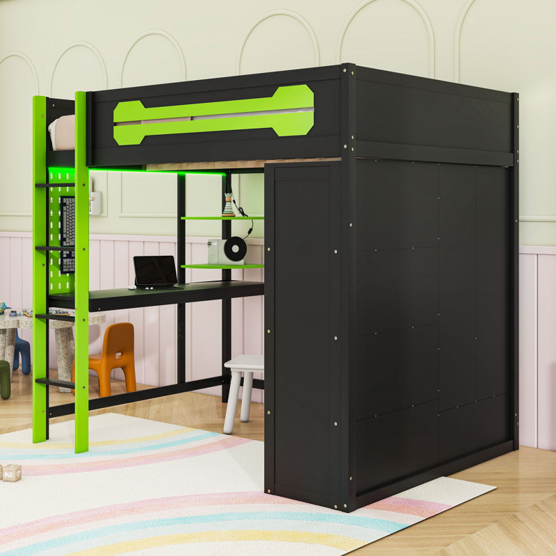 Full Size Wooden Loft Bed With RGB Lighting, Built In Desk, Shelves And Open Wardrobe, Green