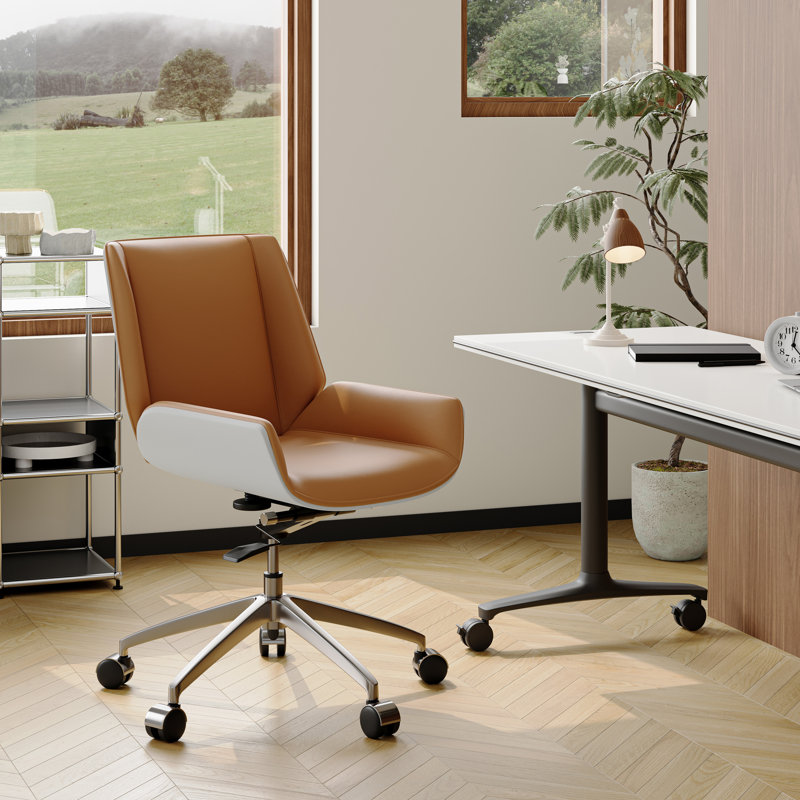 Leather Upholstered Gaming Home Office Chair with Wooden back, Brown