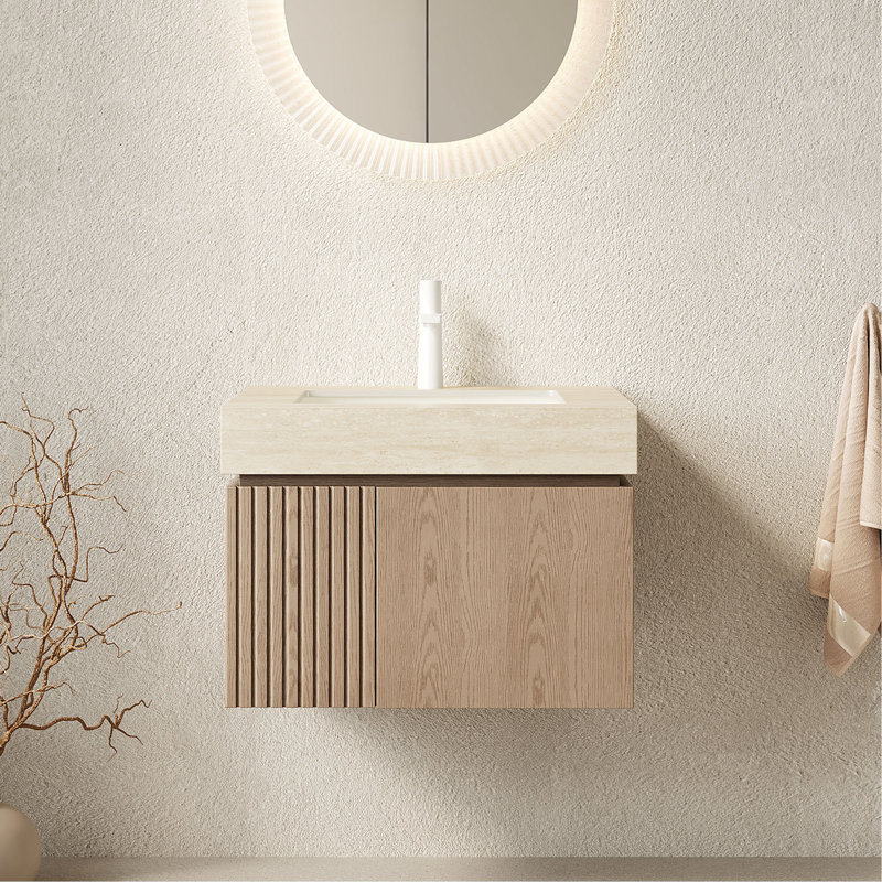 Meuble-lavabo 24 po, meuble-lavabo flottant en contreplaqué avec 2 portes, comptoir en pierre frittée Roma Travertine et lavabo en céramique avec 1 trou de robinet pré-percé, pré-assemblé