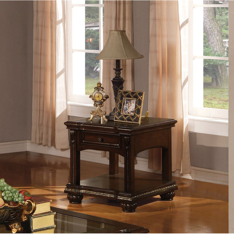 Cherry Brown Wooden End Table with Glass Top and Storage