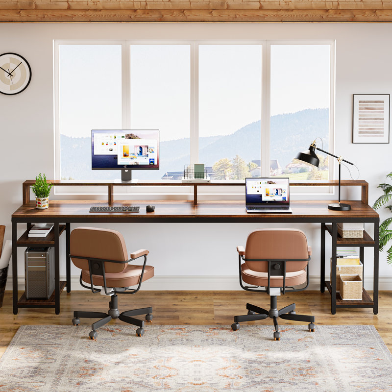 Bureau double 78,74 "avec support pour écran, bureau pour deux personnes avec 4 tablettes ouvertes, Brun / Noir