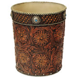 Polyresin Faux Tooled Leather Flower Accent 1.6 Gallon Waste Basket / Trash Can