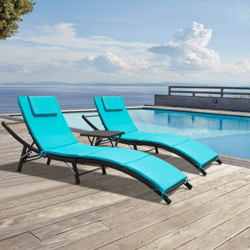 Ensemble de chaises longues d'extérieur réglables pour patio 3 pièces, Bleu