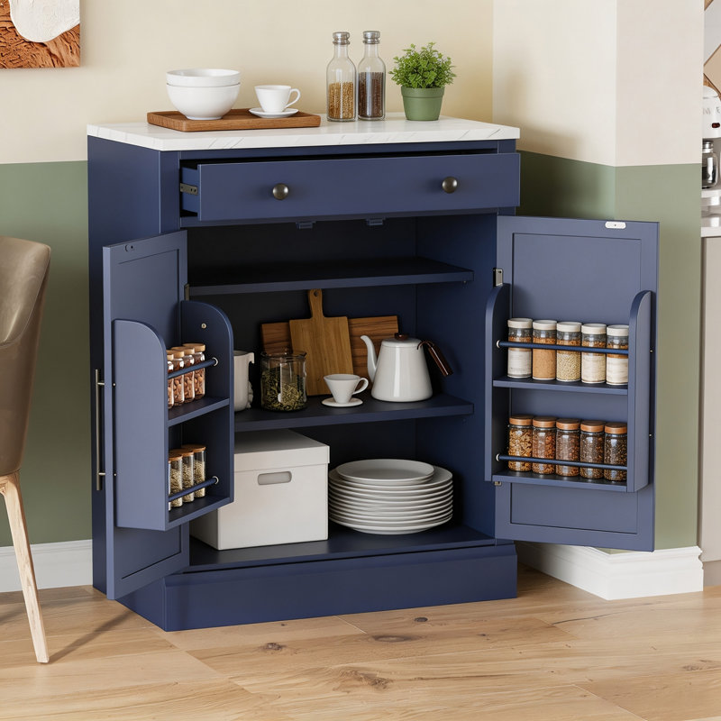 Armoire de cuisine autoportante TOPMAX avec tiroir et 2 tablettes réglables, buffet bleu avec coin café – Meuble de rangement haut pour cuisine et salle à manger