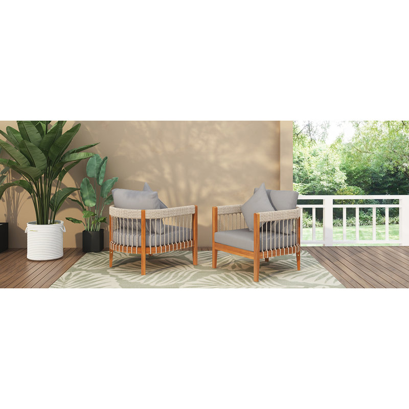 [Set of 2] Acacia Wood Outdoor Club Chair, Natural/Beige, Gray