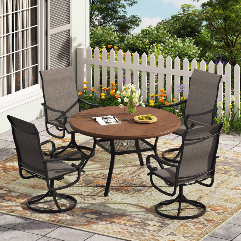 4-Person Outdoor Round Dining Set With Swivel Chairs, Walnut/Brown