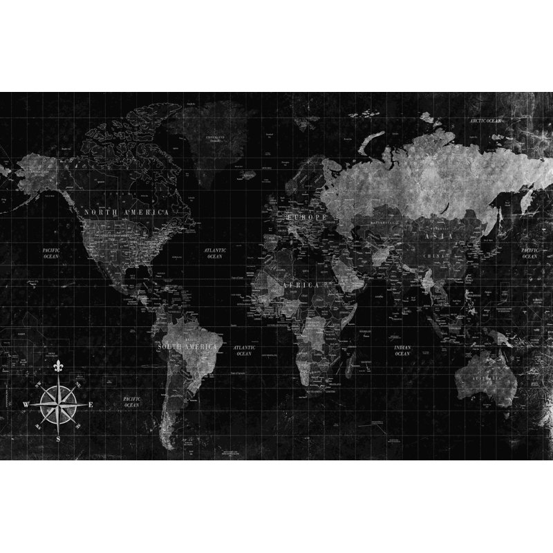 «Black and White World Map Distress», impression sur toile tendue, H 24 po x l 36 po