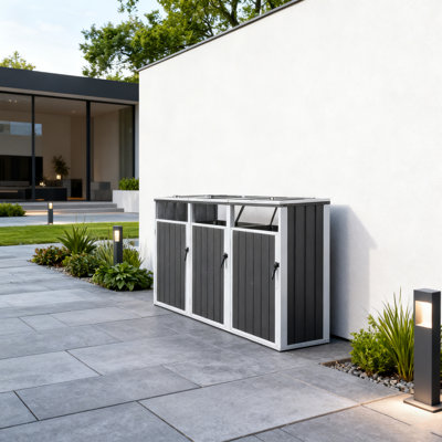 La poubelle en métal pour l'extérieur peut accueillir 3 poubelles avec ventilation, portes verrouillables et fabrication en acier galvanisé durable.