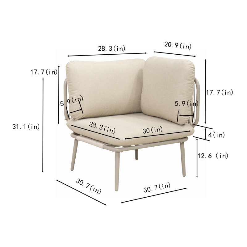 Fauteuil d'angle modulaire extérieur en corde avec coussins, structure en fer antirouille, siège d'appoint pour terrasse, beige