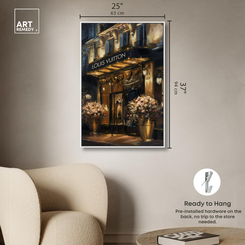 «Elegant Night Storefront» par Art Remedy, H 37 po x l 25 po, Reproduction encadrée sans passe-partout, Blanc