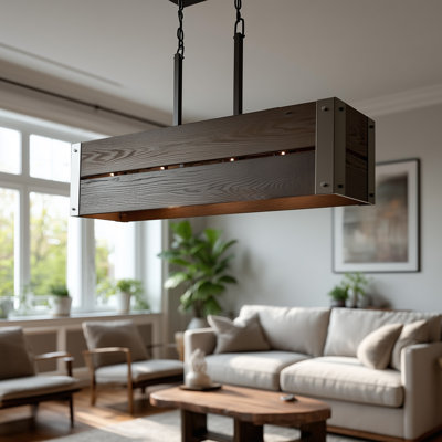 Lustre 4 lumières style campagne moderne avec abat-jour en bois teint foncé et détails en métal