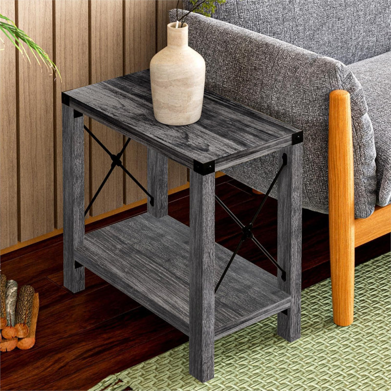 Gray Rustic X-Design MDF End Table Set with Storage Shelf