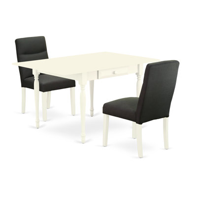 3 Piece Kitchen Table & Chairs Set Contains a Rectangle Dining Room Table with Dropleaf and 2 Linen Fabric Parson Kitchen Chairs, Linen White