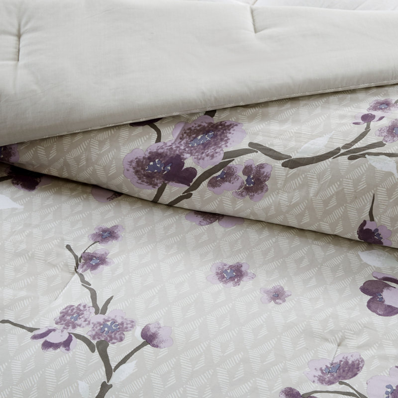 Holly 8 Piece Cotton Comforter Set, Queen Comforter + 7 Additional Pieces, Purple/Taupe