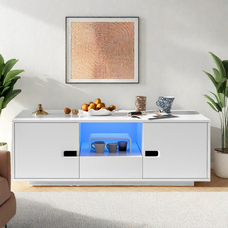 Modern High Glossy Rectangle Coffee Table With 2 Cabinets, One Drawer, 16 Colour Led Lights And An Open Shelf, White