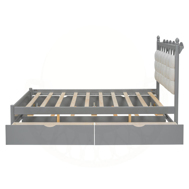 Lit standard à 2 tiroirs avec lit gigogne et tête de lit tapissier, Gris