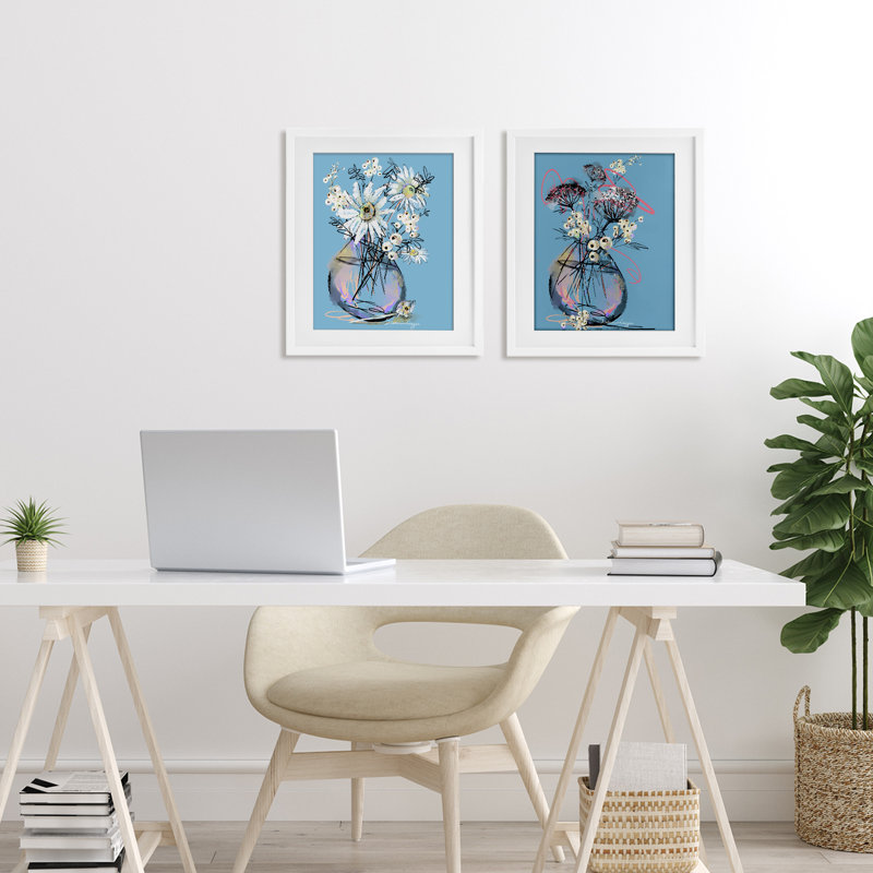 «Daisies & Snowberries Vase», ensemble de 2 impressions sous verre encadrées, design par Susan Lugar, H 16 po x l 13 po