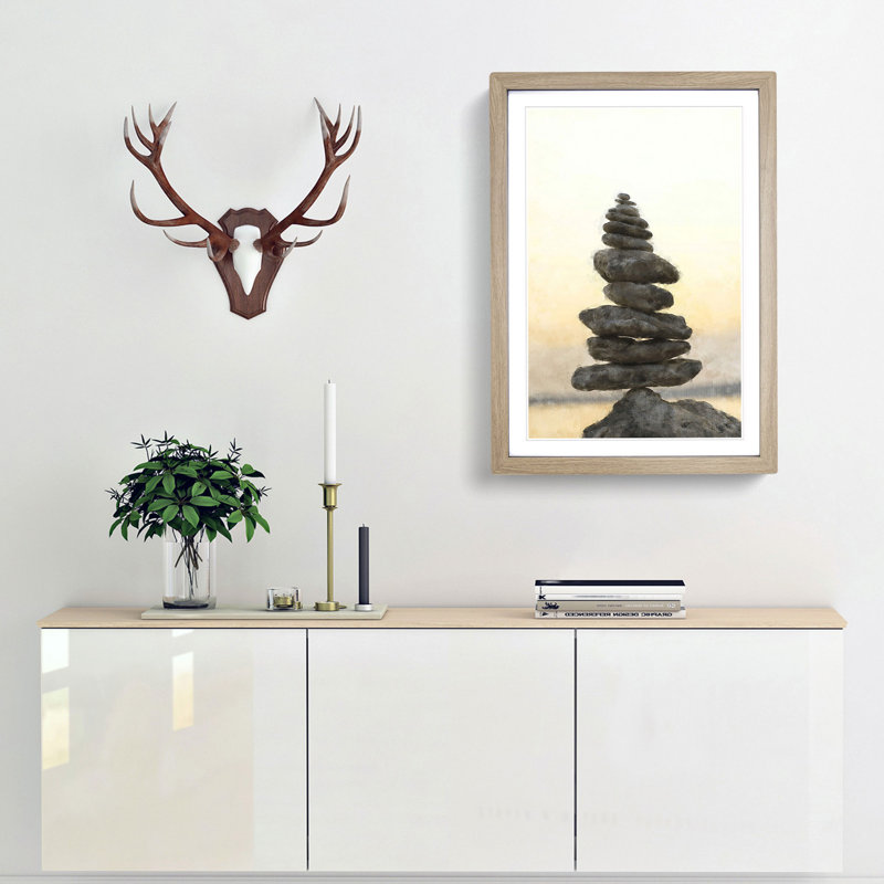 Balancing Zen Stones - Picture Frame Painting Print, 87cm H x 62cm W x 2cm D, Oak Framed