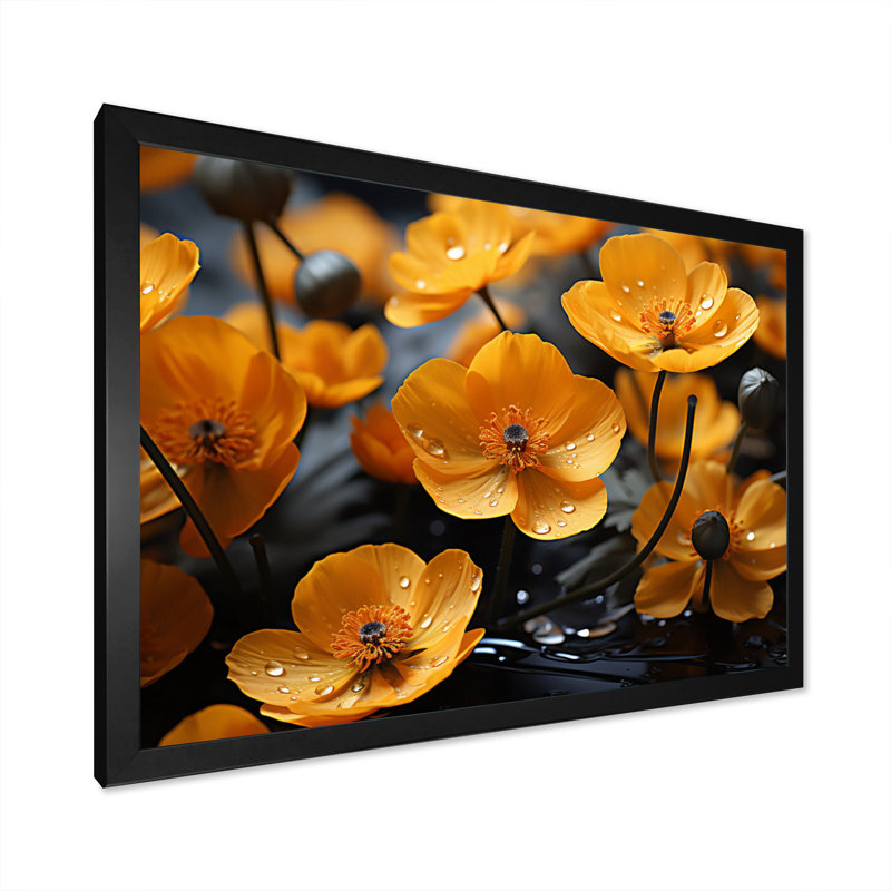 Bouton d'or jaune et gris doré noir et blanc II - décoration murale florale, H 30 po x l 40 po x P 1,5 po, Noir