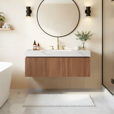 Luxury 48" Walnut Bathroom Vanity & Sinks Modern Family Suspended Bathroom Cabinet Mid-Century Sintered Stone Bathroom Cabinet