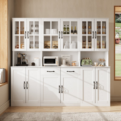  Garde-manger H 71 po x l 78,7 po avec bibliothèques, rehausse de porte en verre avec tiroir et comptoirs spacieux, blanc