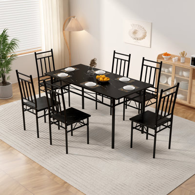 Ensemble de table de salle à manger 7 pièces, table de cuisine rectangulaire en bois rétro et 6 chaises à haut dossier 