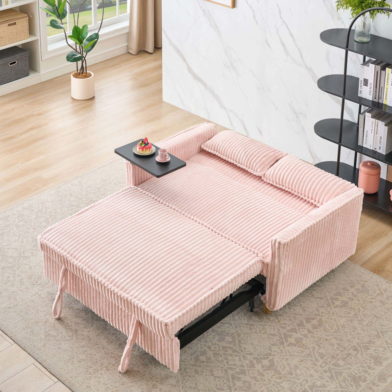 The Pull-Out and Push-In Corduroy Sofa with Dual Functions, Equipped with a Movable Tabletop and Usb Ports, is Suitable for Use in Living Rooms and Bedrooms
