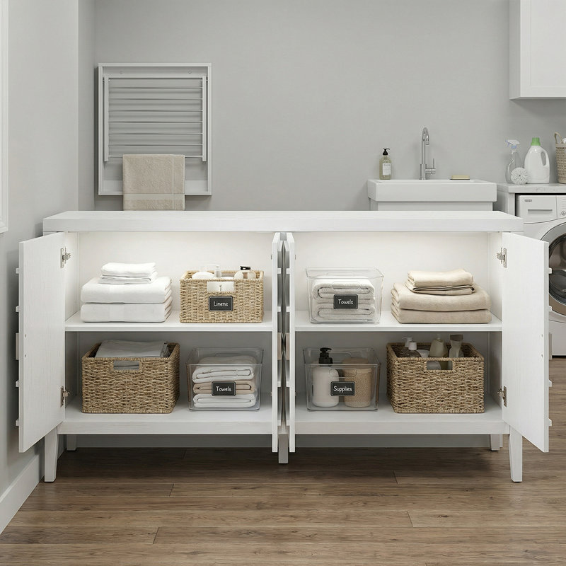 Rustic Kitchen Cabinet - Rubber Wood Construction, Distressed Finish,Rounded Door Design, Adjustable Shelves, White