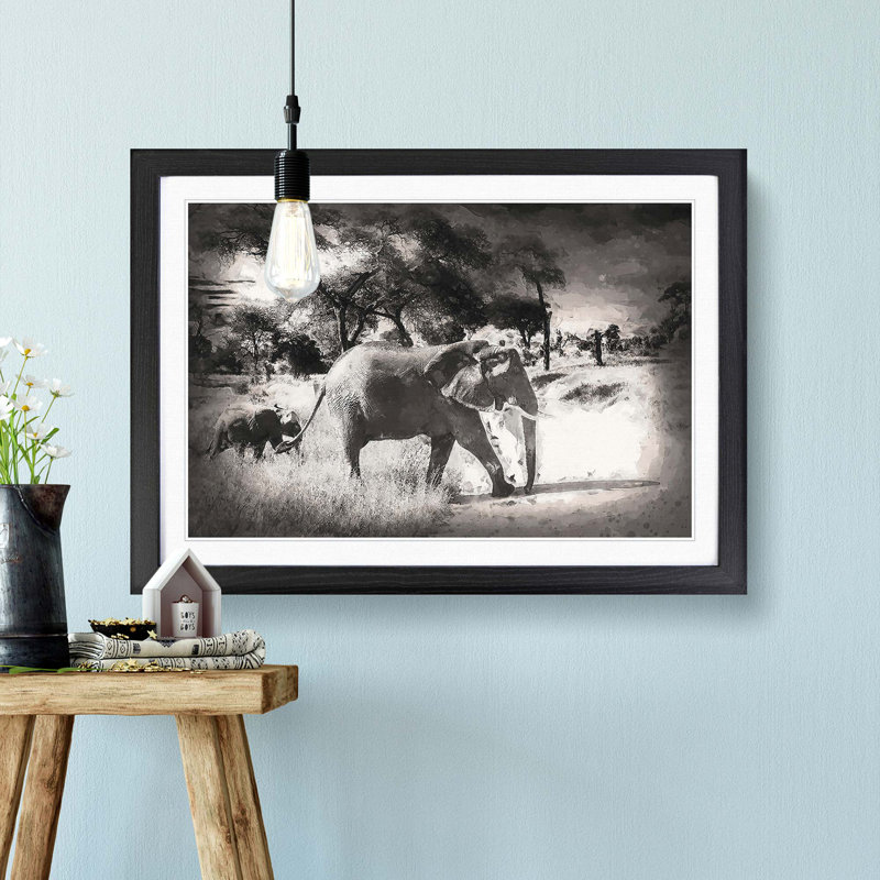 Mother and Baby Elephant Strolling in Abstract - Picture Frame Painting Print, 27cm H x 36cm W x 2cm D, Black Framed