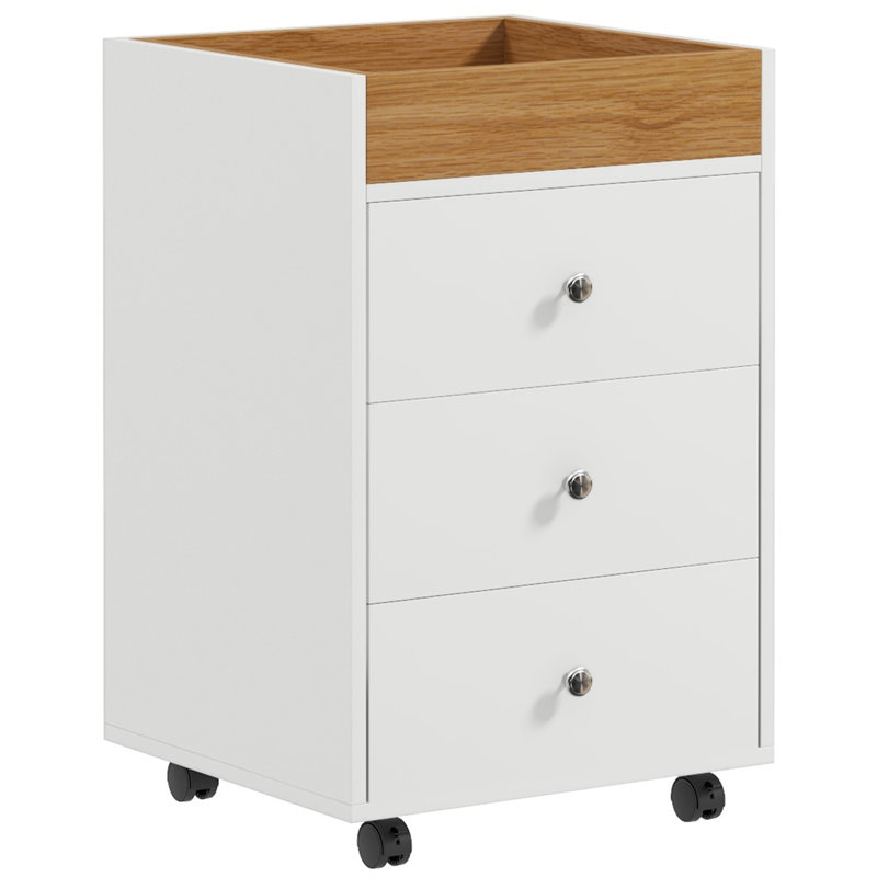 HOMCOM 3 Drawer Home Office Storage Cabinet, Office Drawer On Wheels With Removable Tray, Under Desk Printer Stand With Storage, White