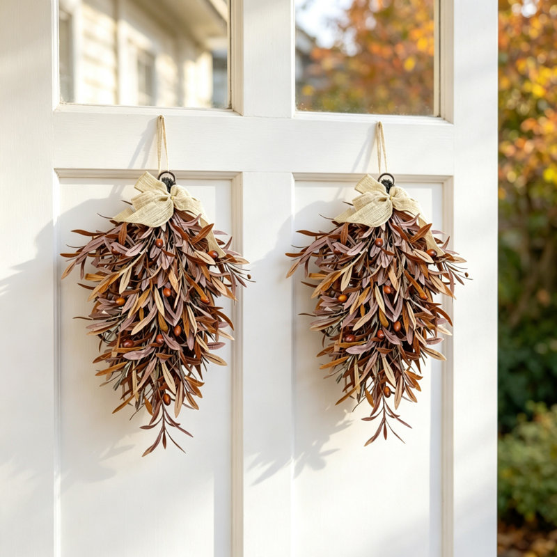 Paquet de 2 couronnes olive pour porte d'entrée, style campagnard, guirlande d'automne pour fête d'Halloween, couronne de feuilles d'olivier avec décoration murale de fenêtre en toile de jute