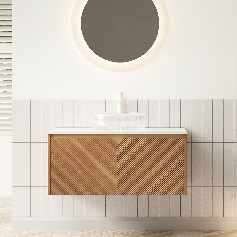 36" Bathroom Vanity Featuring Transparent Round Glass Vessel Basin, White Sintered Stone Top, Floating Plywood Storage, Twill Double Doors With Metal Trim And Soft Close Function Storage Cabinet,