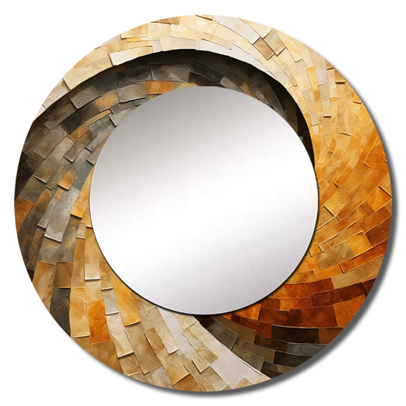 Sharlen Orange Beige Minimalism Spiral Poteries - Abstract Spirals Unique Wall Mirror Decor, Beige Large Round Mirror, Printed Metal Art