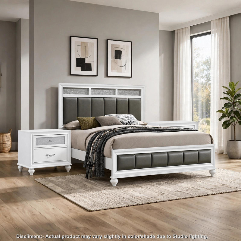 Ensemble de chambre à coucher Queen, blanc et gris, ensemble de 2 pièces avec table de chevet, 2 Pcs: Bed, Nightstand