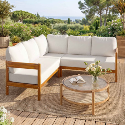 Acacia Solid Wood Patio Furniture Set, Outdoor Patio Conversation Furniture Set With 6 Soft Seat Cushions And Backpack , All Weather Outdoor Patio Sofa With Arc Frame  For Backyard, Garden.