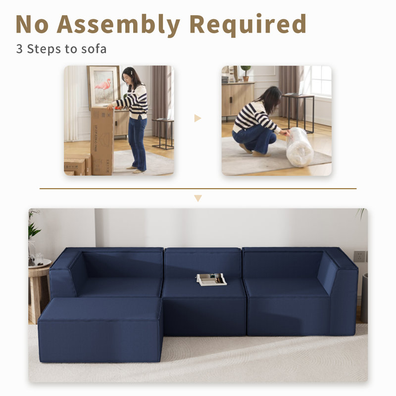 Canapé modulaire Boneless avec méridienne, siège en forme de L profond et mousse compressée, Polyester bleu