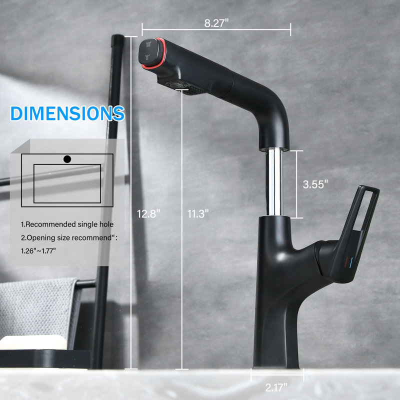 Robinet rétractable noir mat pour la salle de bain, la cuisine et l'extérieur avec bec relevable, portée de 3,55 po, mode de jet aéré économiseur d'eau