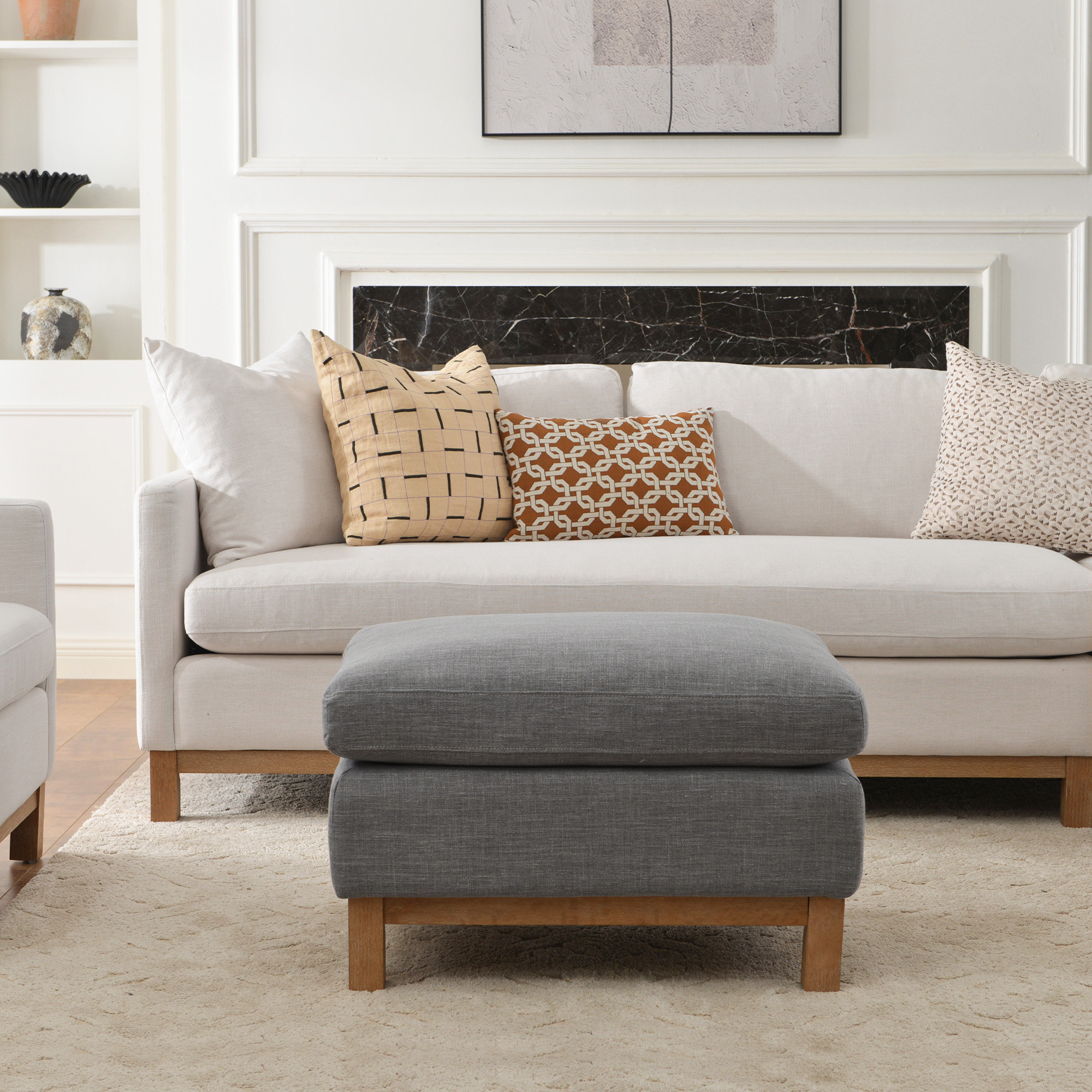 Cami 30" Upholstered Ottoman, Coastal Fog Linen Blend