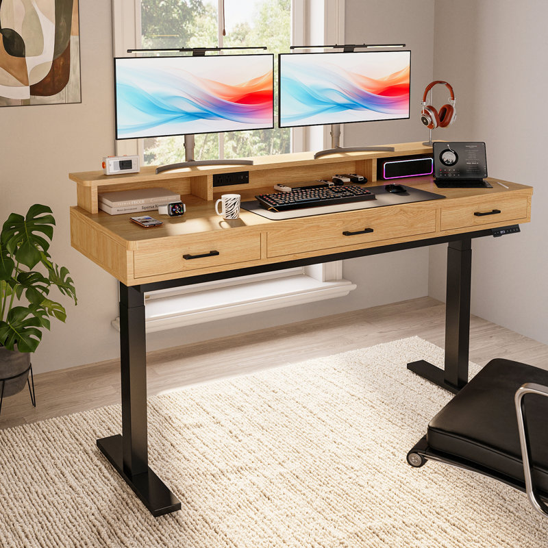 59" L Modern Large Electric Standing Desk With 3 Drawers And Charging Station, Height Adjustable Home Office Computer Desk With Ergonomic Monitor Stand