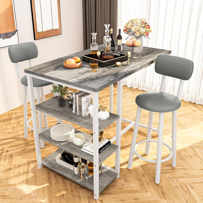 Dining Table Set For 2, 3 Pieces Bar Table Counter Height And Chairs Set, Kitchen Table  With 3 Storage Shelves, 2 Upholstered Chairs With Backrests & Footrests For Apartment, Breakfast, Bar, Kitchen Island