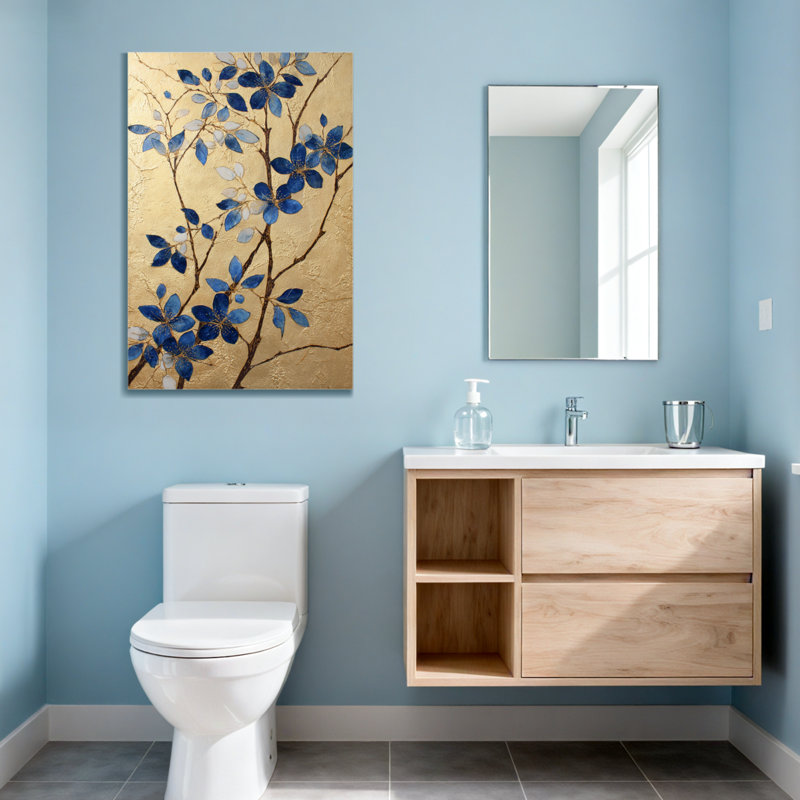Plantes et fleurs à feuilles bleues sur fond doré, H 18 po x l 12 po