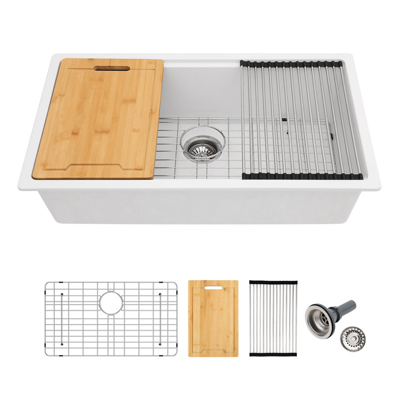 Quartz Classic 30" x 19" x 9.65" Undermount Workstation Large Single Bowl Kitchen Sink with Accessories
