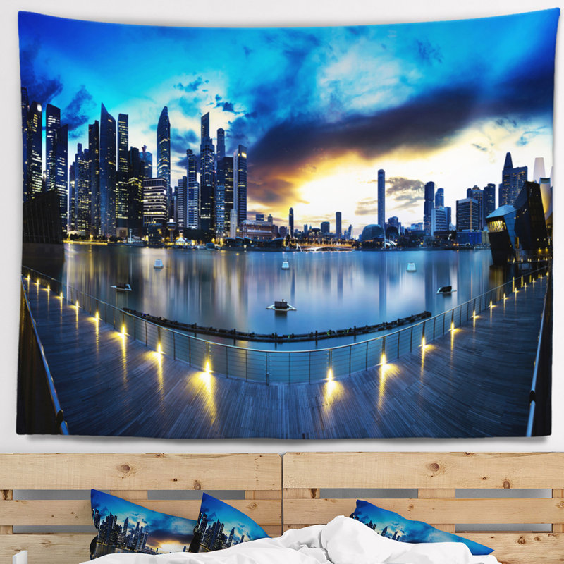 Tapisserie panorama en polyester cityscape de marina bay sables avec accessoires suspendus inclus, H 68 po x l 80 po