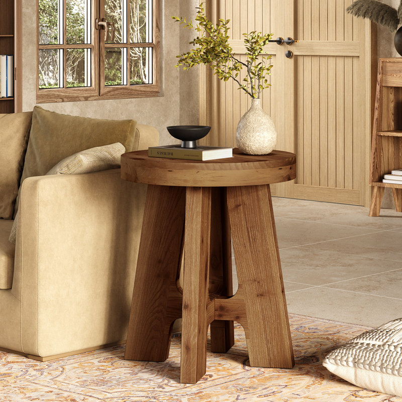 Table d'appoint ronde rustique en bois massif, table de bout de style campagnard pour le salon ou la chambre à coucher, petite table de chevet brune