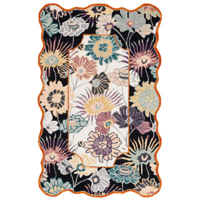 Jaiprkesh Hand Tufted Wool/Cotton Floral Rug in Black/Ivory